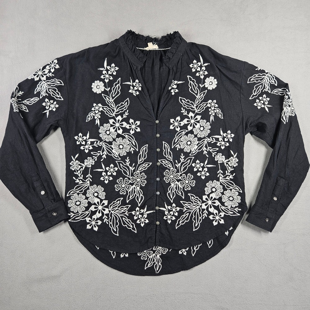 Pilcro Blouse Womens XS Black Embroidered Floral Tavi Button Down Top Boho